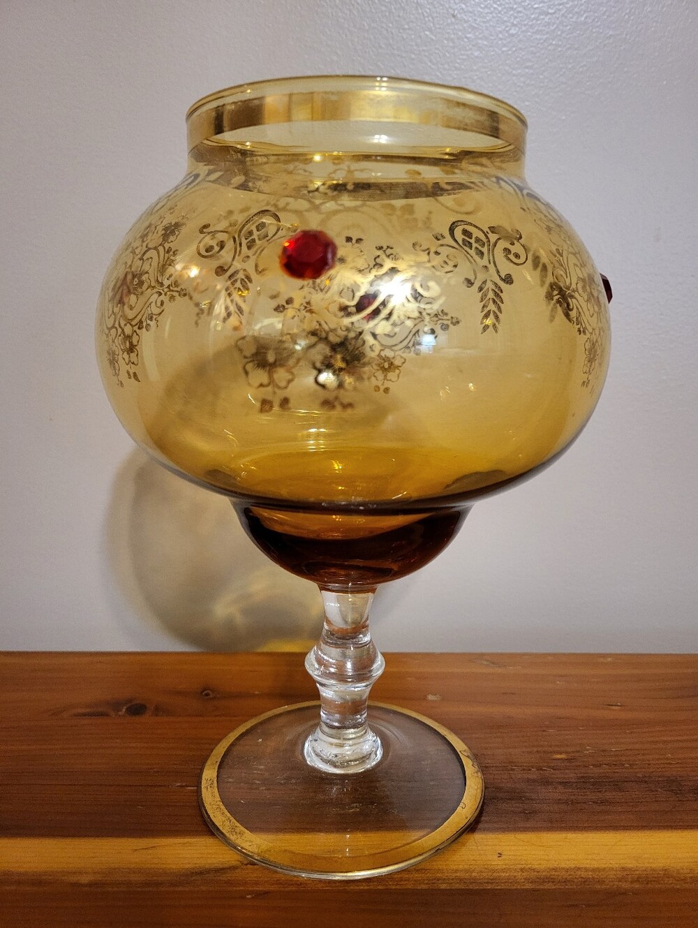 Amber 8.75 x 6 Inch Decorative Glass Brandy Chalice with Gilded Floral Accents